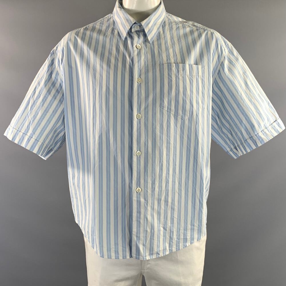 AMI Size L White Blue Stripe Cotton Button Up Short Sleeve Shirt